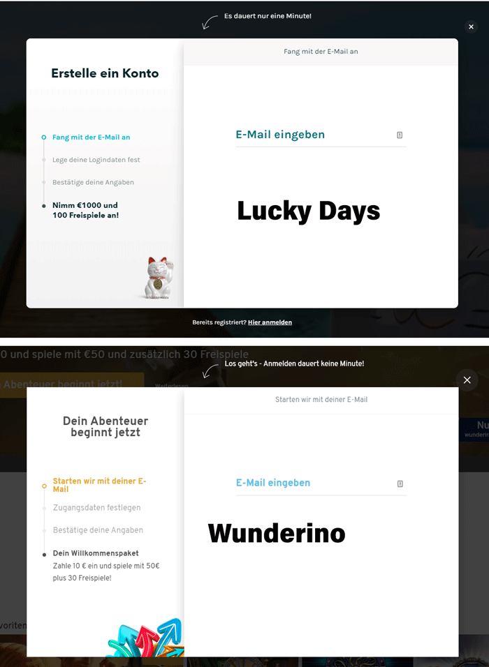 Regisrierungsformulare Wunderino und Lucky Days