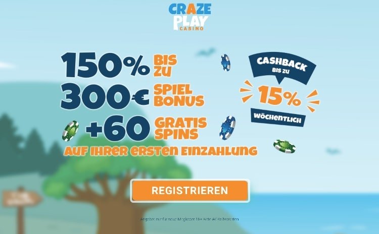 CrazePlay Casino Erfahrungen: Für die erste Einzahlung gibt es exklusiv 150% bis 300€ + 60 Bonus Spins 
